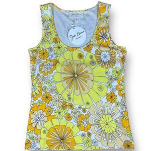Julie Brown NY Tank Top Sleeveless Knit Sunkist Yellow Retro Flowers Medium NWT